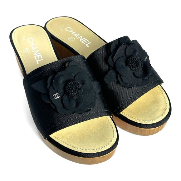 CHANEL CC 2015 Interlocking CC Logo Slides Shoes Sandals Wood +Box Sz 38 US 7.5 - Picture 11 of 16